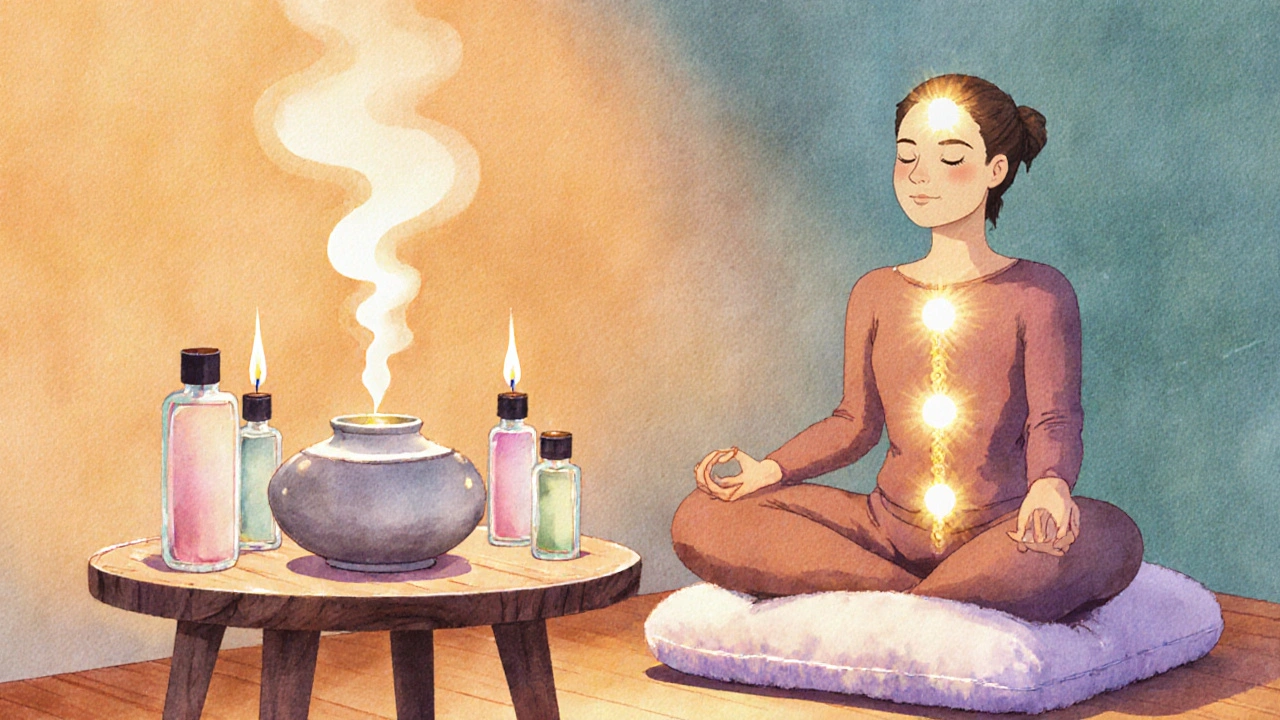 Klidná meditační scéna se svíčkami, difuzérem a zářícími čakrami.