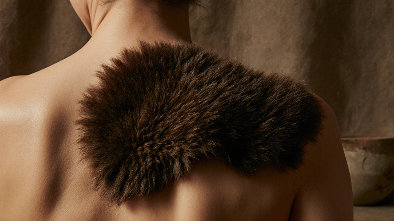 Měkká jehněčí kožešina pokrývá horní část záda s přirozenou texturou.