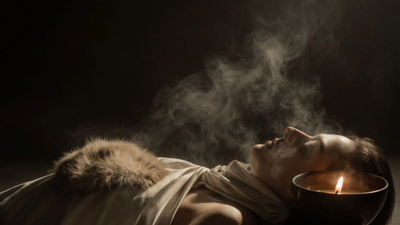 Osoba medituje pod hedvábným šátkem s kouskem kožešiny na prsou.