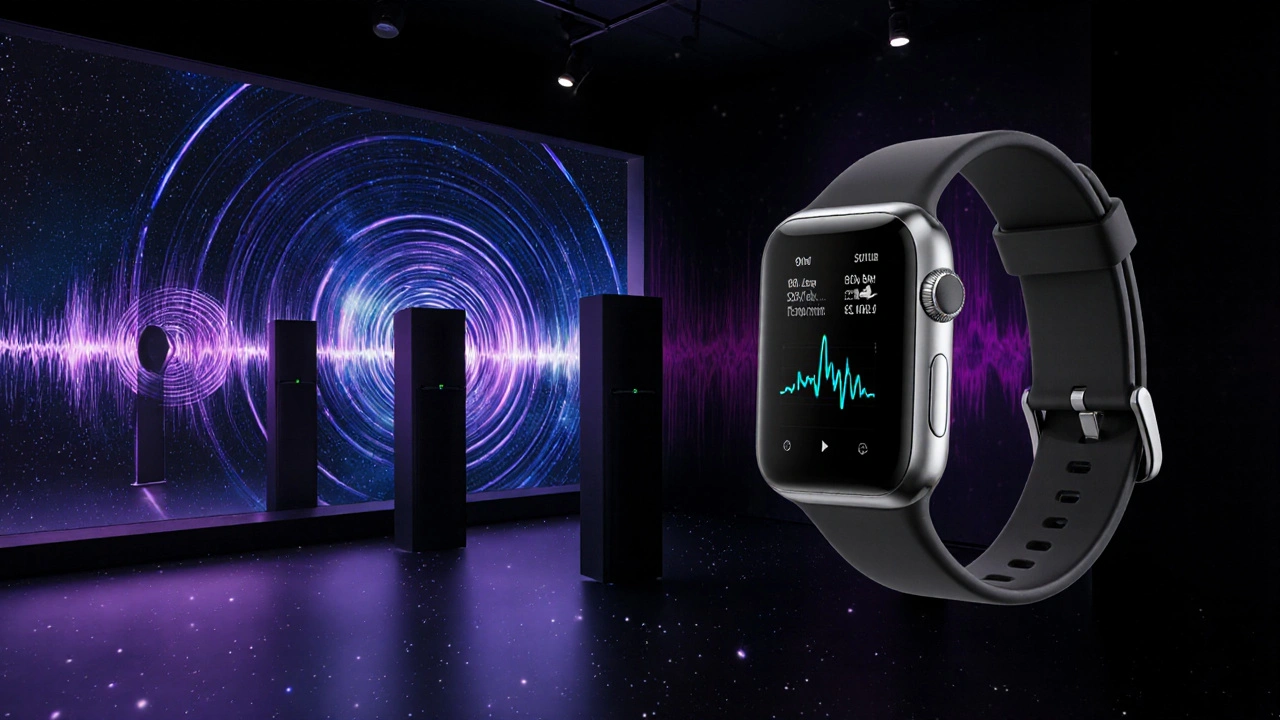 Poster studia s reproduktory, biofeedback páskem a galaktickým pozadím.