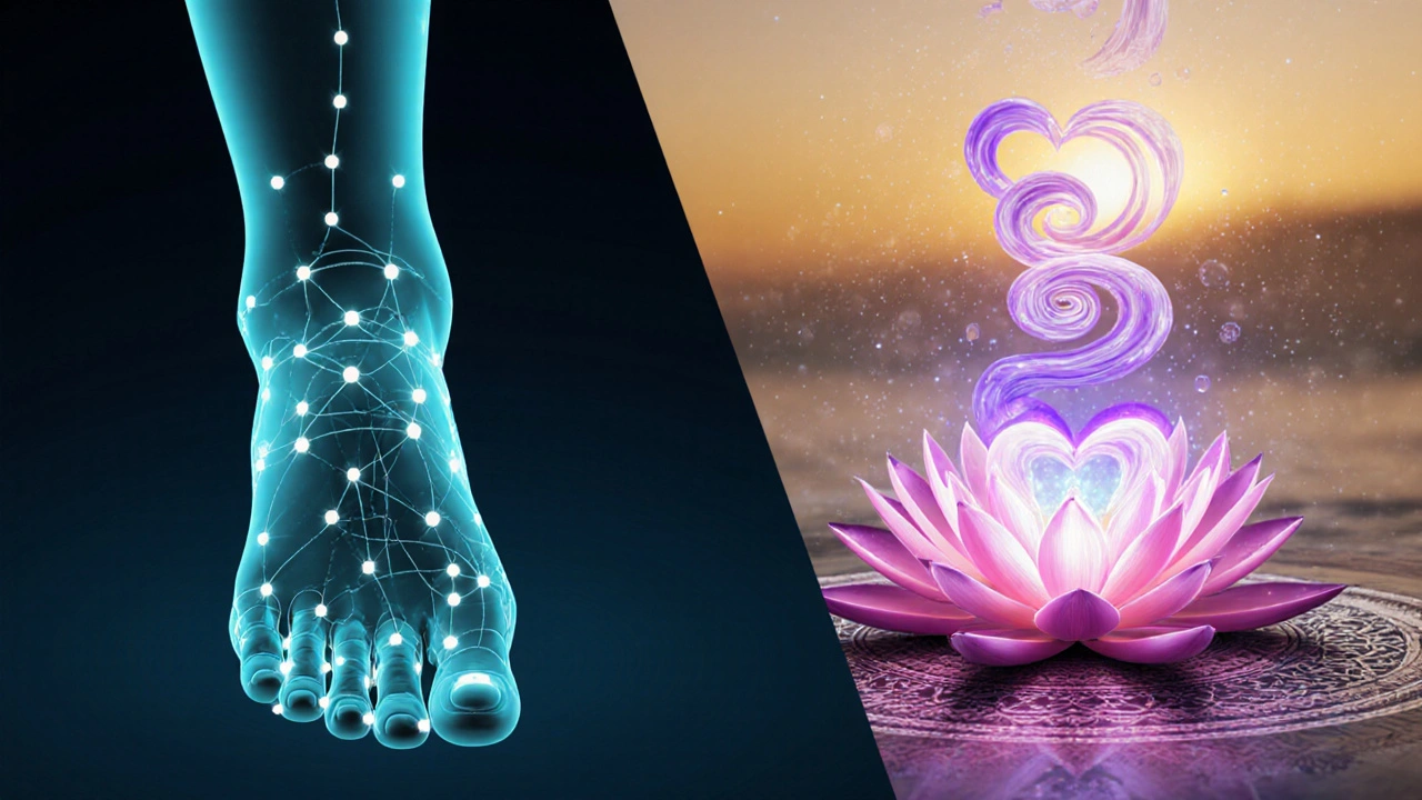 Rozdělený obrázek: levá část – mapa reflexních bodů na noze, pravá část – abstraktní tantra energie.