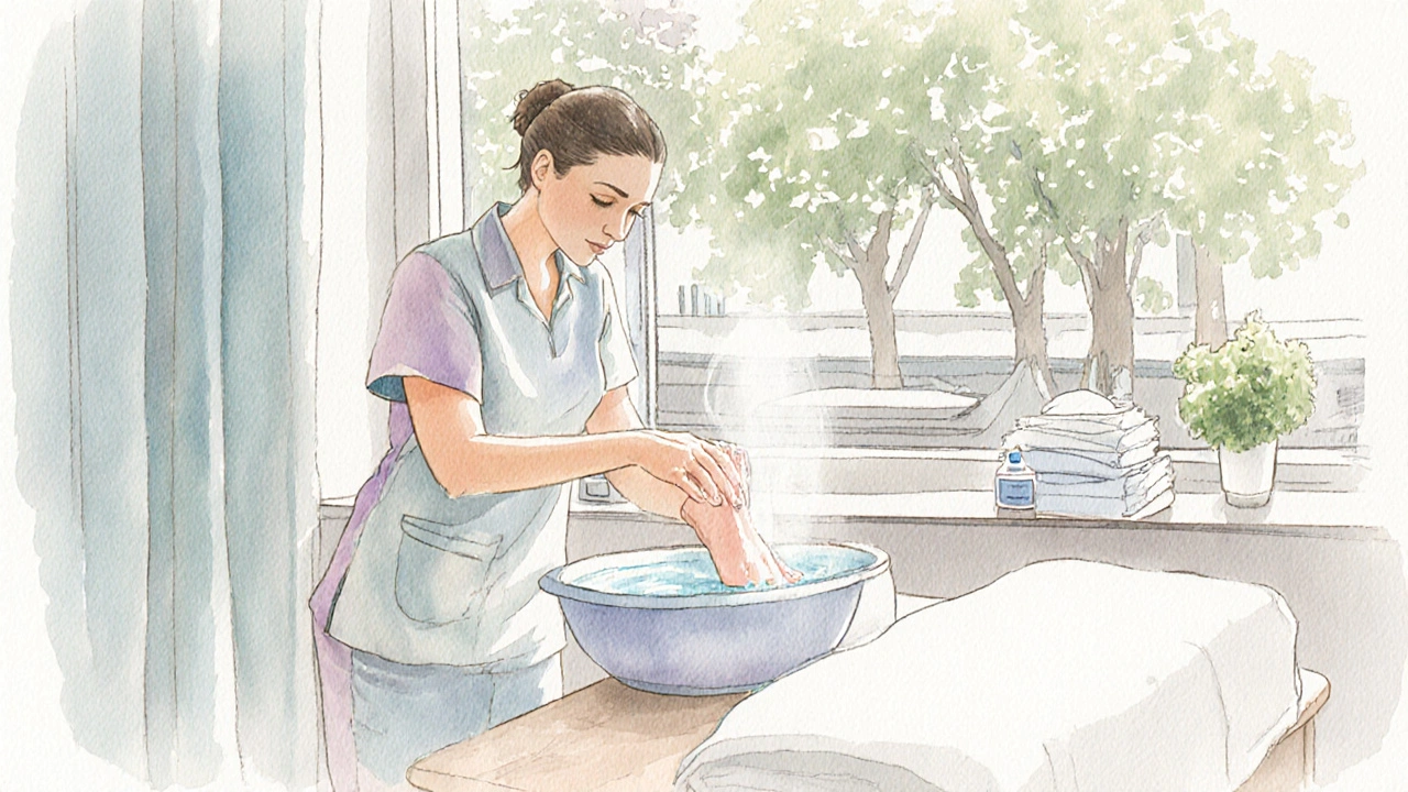 Vodováha masérky myje nohy, čisté spreje a bílý ručník zdůrazňují hygiena.
