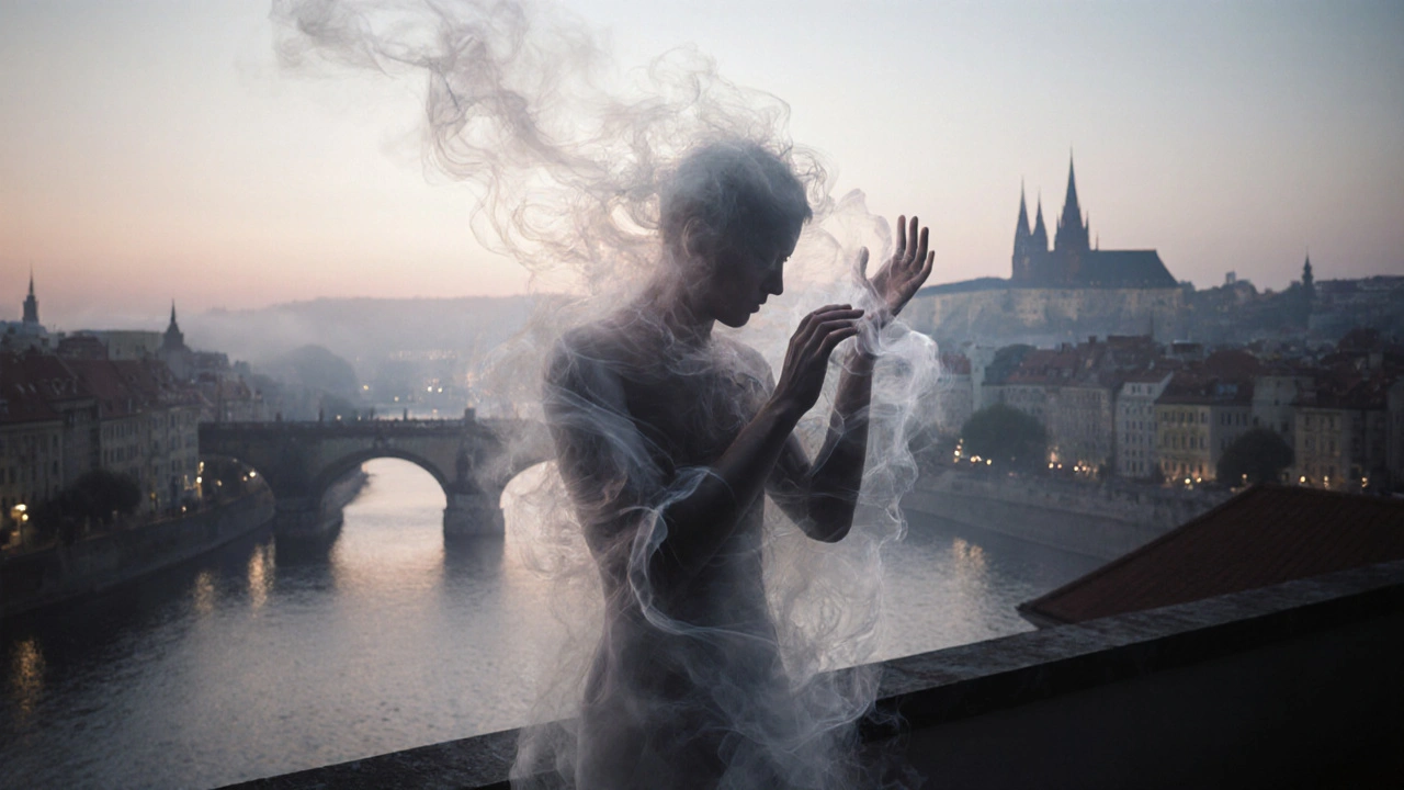 Abstraktní obraz těla rozplývajícího se ve světle a kouři, symbolizující uvolnění a obnovu vnitřního klidu.