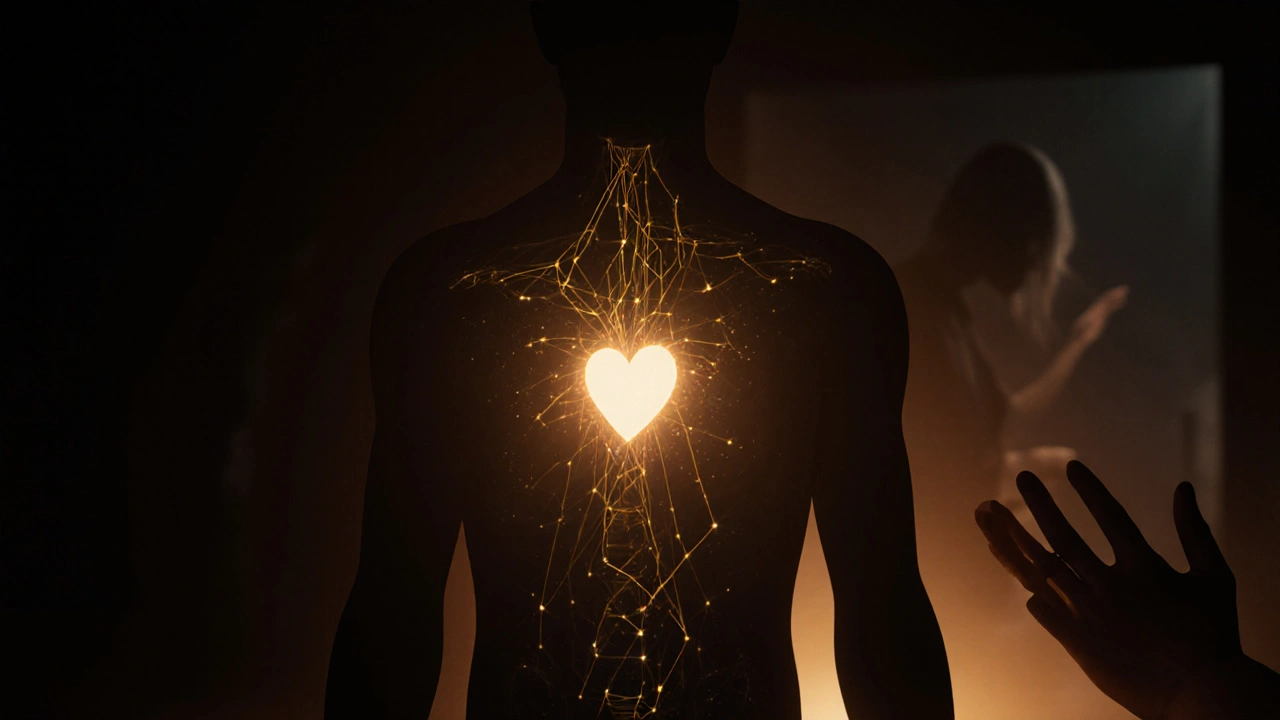 Abstraktní silueta člověka vychází z temnoty do teplého světla, zlaté nitky spojují tělo s emocemi.