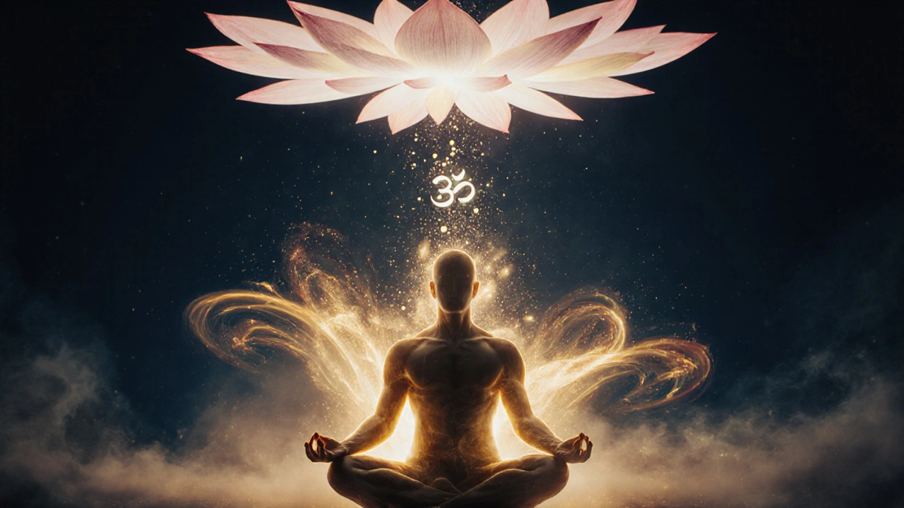 Abstraktní znázornění energetického uvolnění z pánve jako zlaté vlny rozptylující se do mlhy.