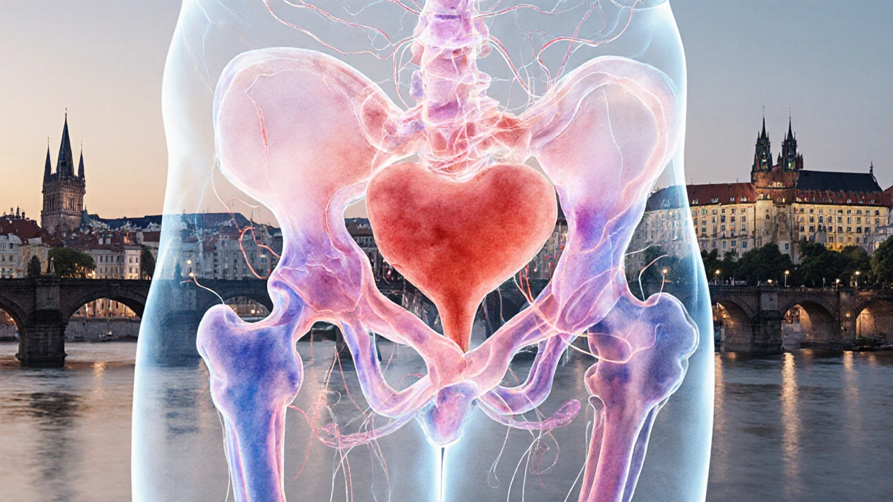 Abstraktní znázornění zlepšeného krevního oběhu v pánvi s vyznačeným uvolněním napětí.