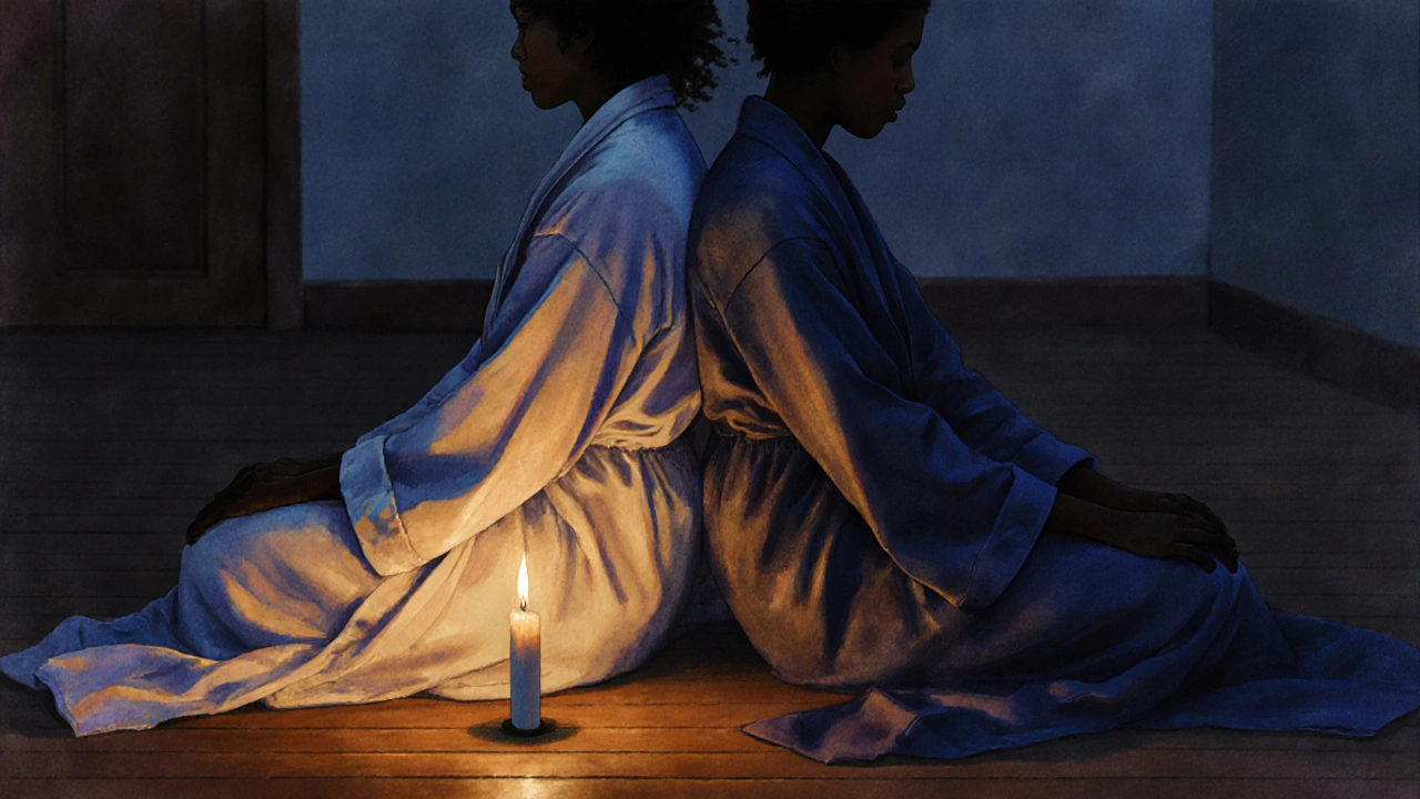 Dvě postavy v plášti sedí zády k sobě, ruce klidně leží na kolenech, svíčka osvětluje jejich spojení.