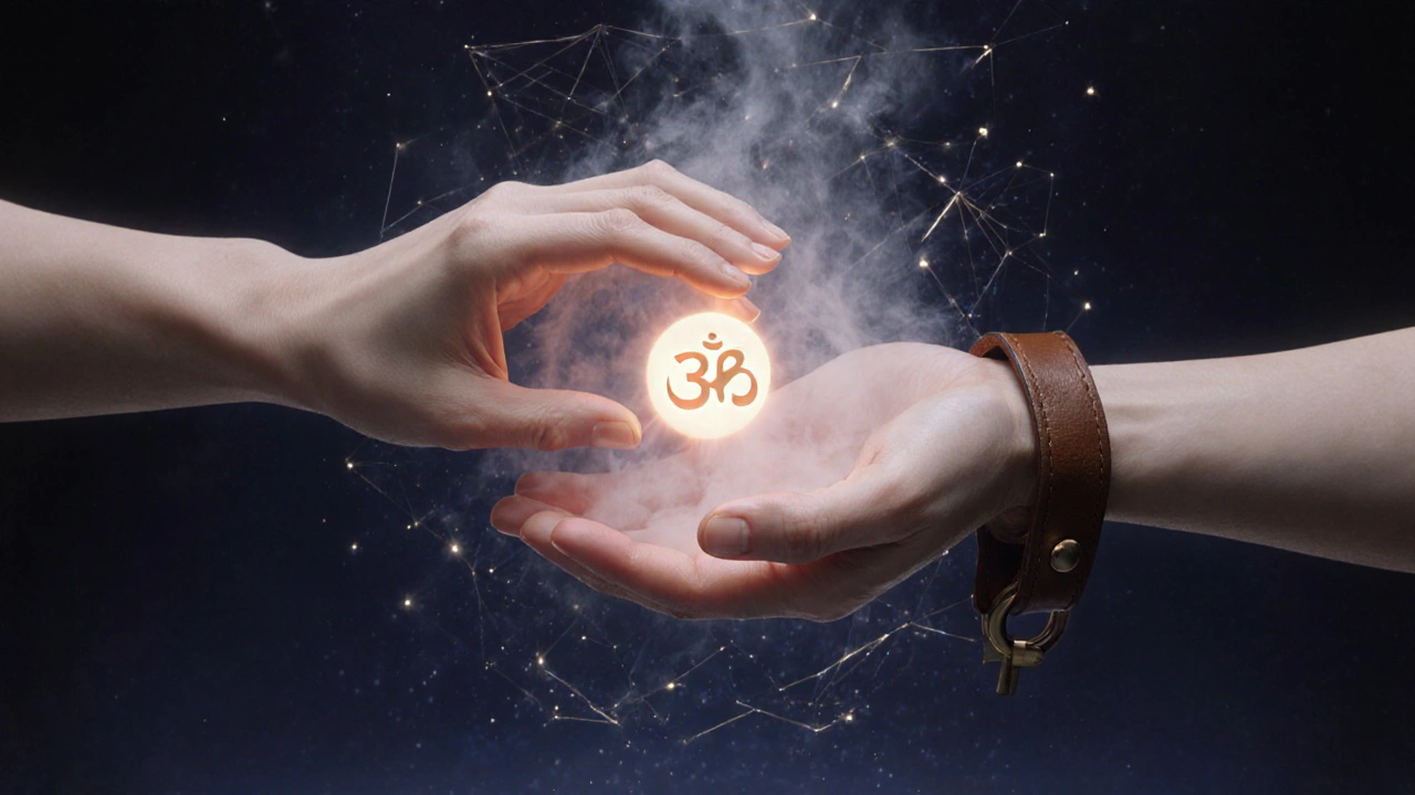 Dvě ruce: jedna drží svítící čakra, druhá udržuje kůžený pouto, které se mění v mlhu – symbol spojení energie a důvěry.