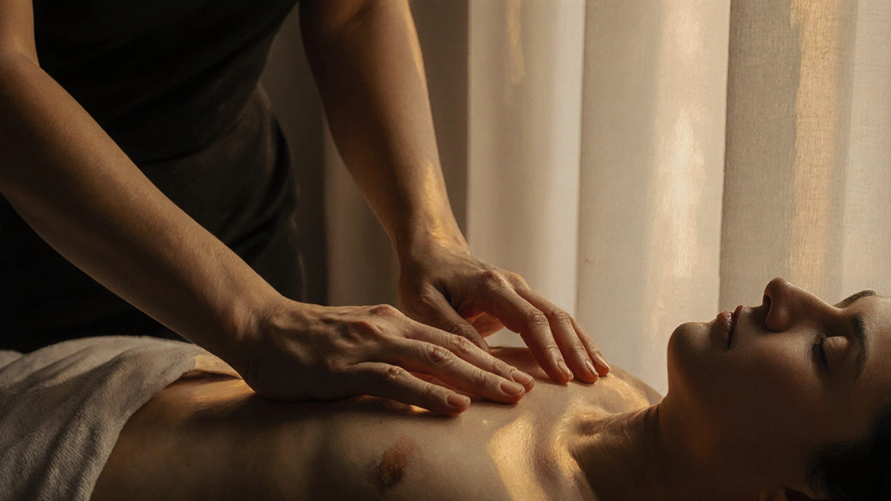 Dvě ruce se dotýkají jemně na břiše, klientka pláče v klidu, světlo z okna osvětluje moment.