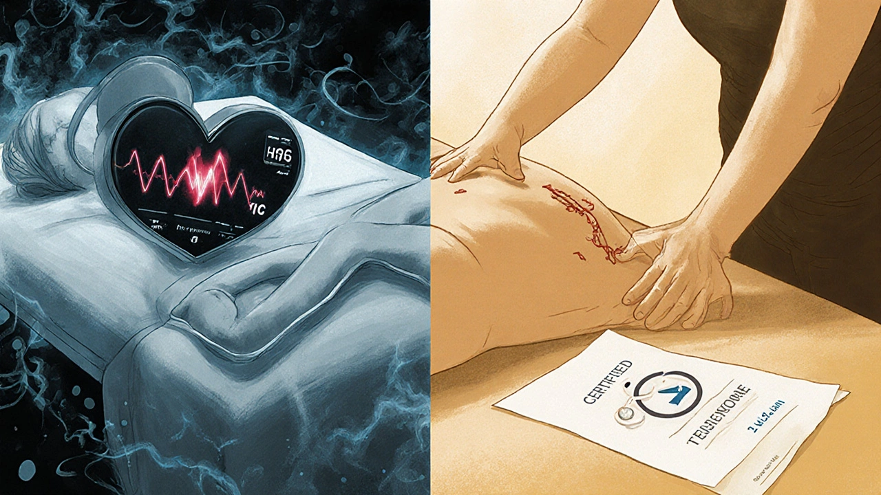 Dvě scény: jedna s nebezpečnou masáží, druhá s bezpečnou pod dohledem lékaře.