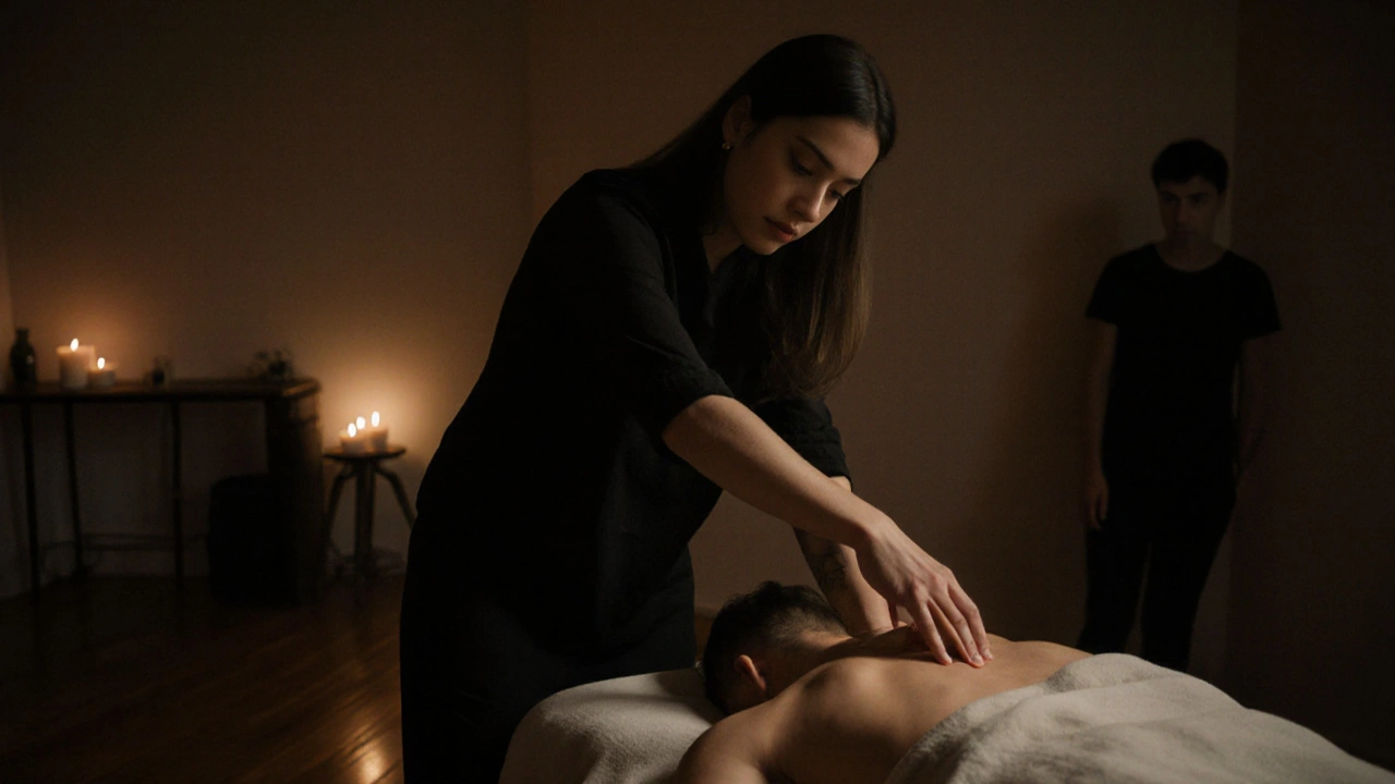 Instruktor koriguje dotek studenta během praktického kurzu tantrické masáže.