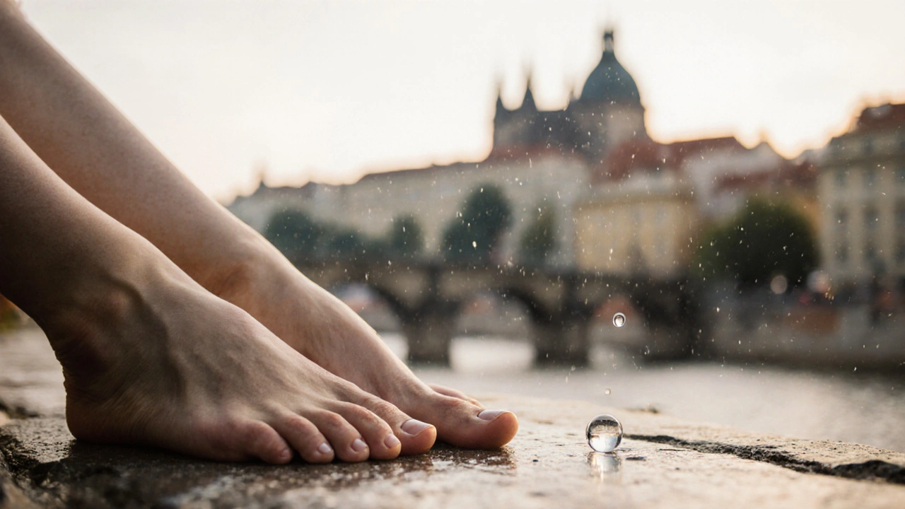 Kapka vody na kamenné podložce symbolizuje uvolnění napětí po masáži pánve.