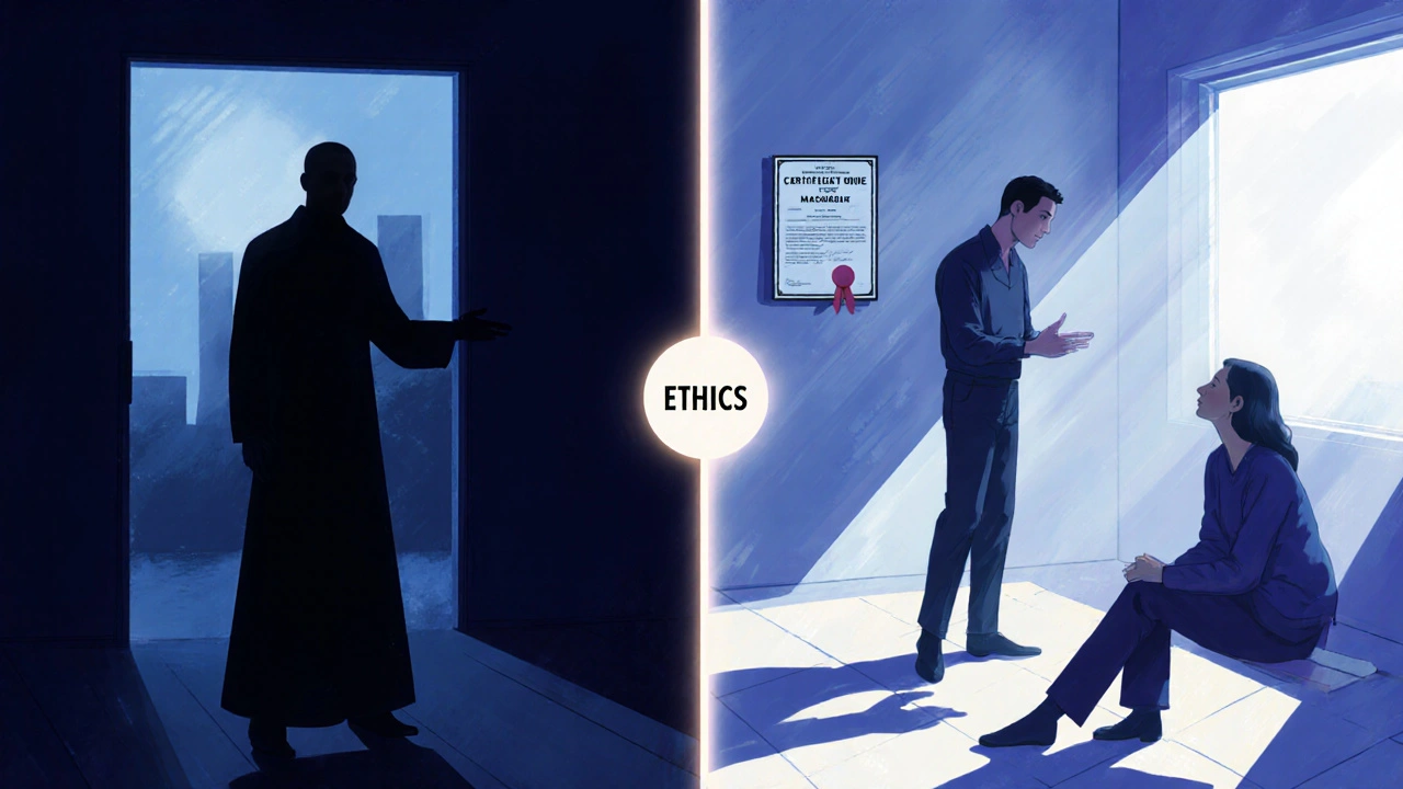 Kontrast mezi bezpečnou, etickou masáží a nelegální praxí bez certifikátů.