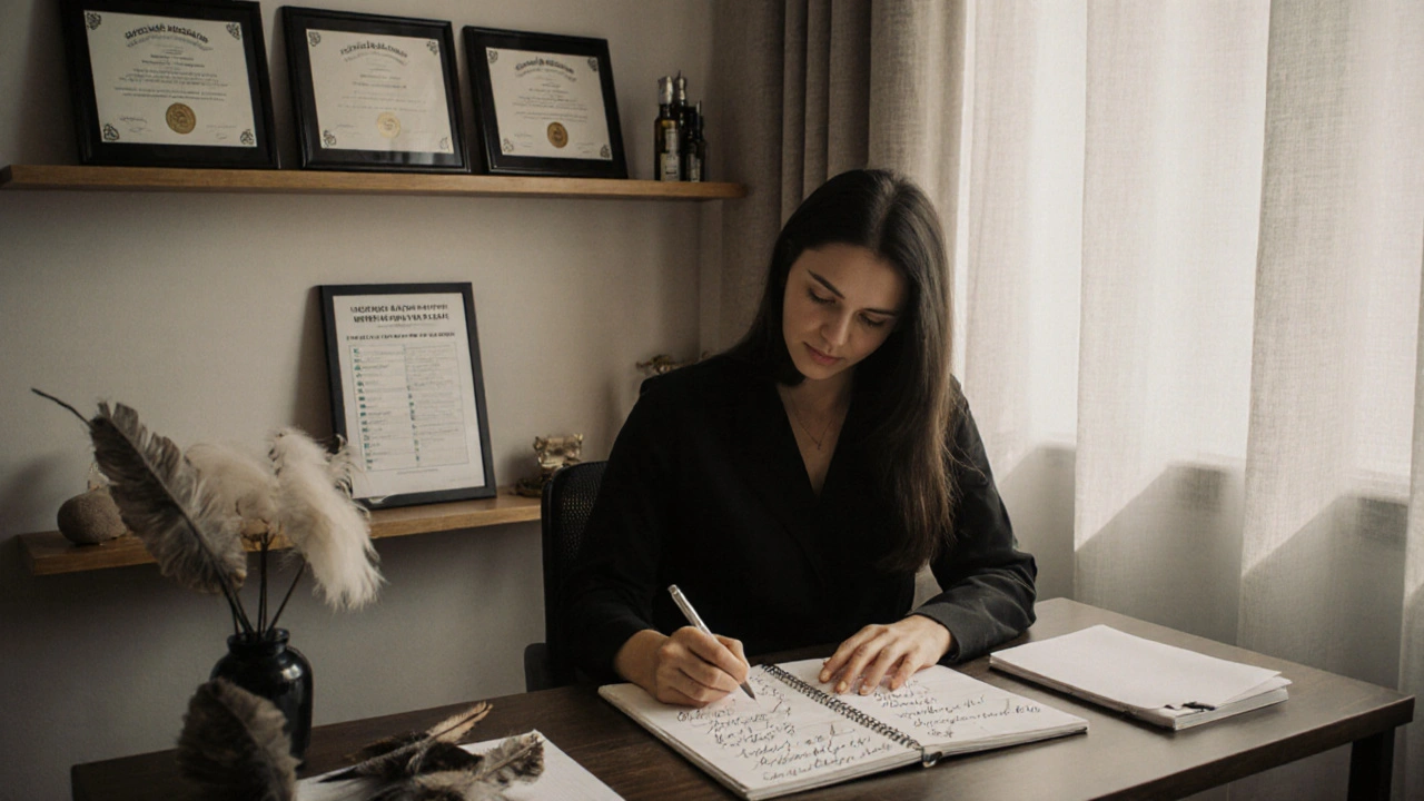 Masérka pečlivě dokumentuje terapeutickou relaci ručními poznámkami a certifikáty.