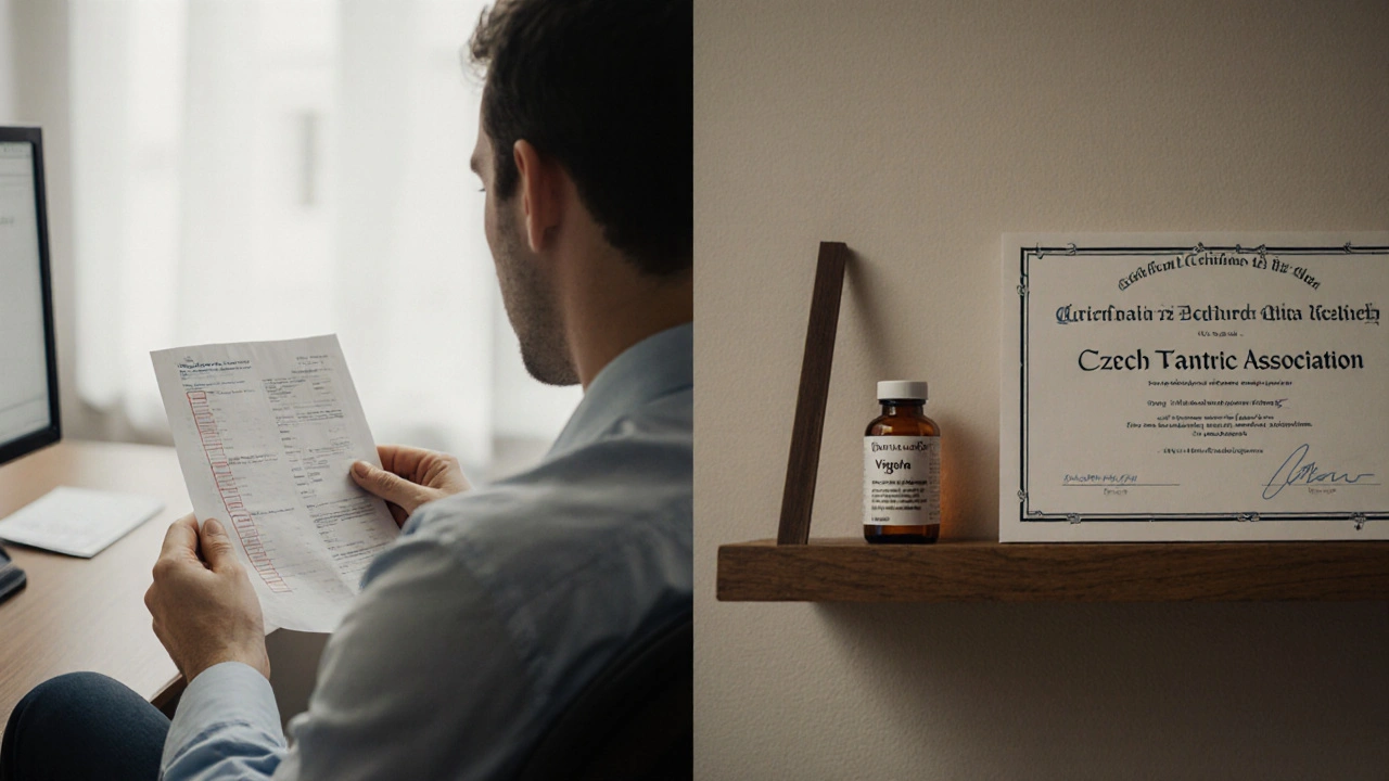 Muž drží v ruce výsledky krevních testů vedle láhve Viagra, symbolizující lékařskou a alternativní cestu.