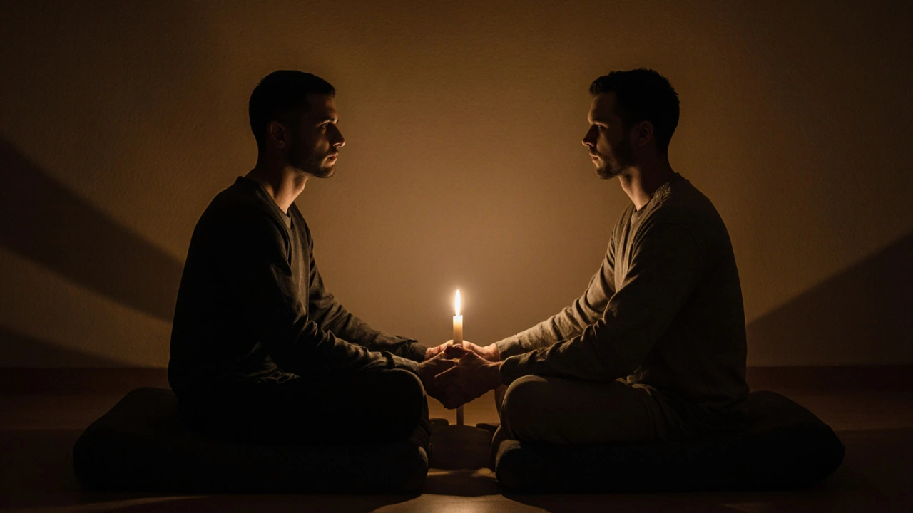 Pár sedí vedle sebe v tichosti, drží si za ruce, svíčka mezi nimi osvětluje jejich klidný vztah.