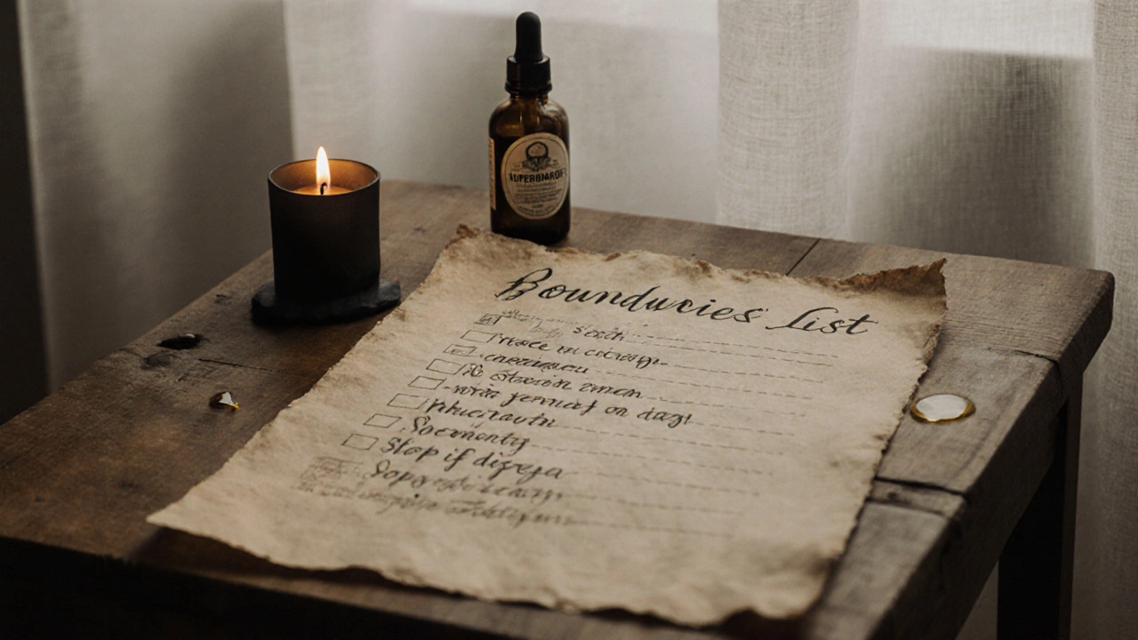 Písemný seznam hranic na papíře vedle láhve s masážním olejem v klidném prostředí.