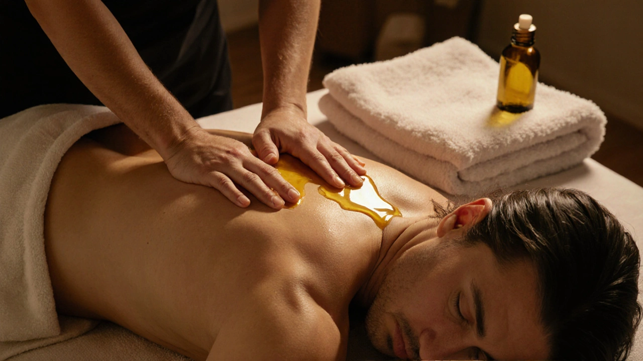 Příručka maséře klouže po zádech klienta, olej září v měkkém světle.