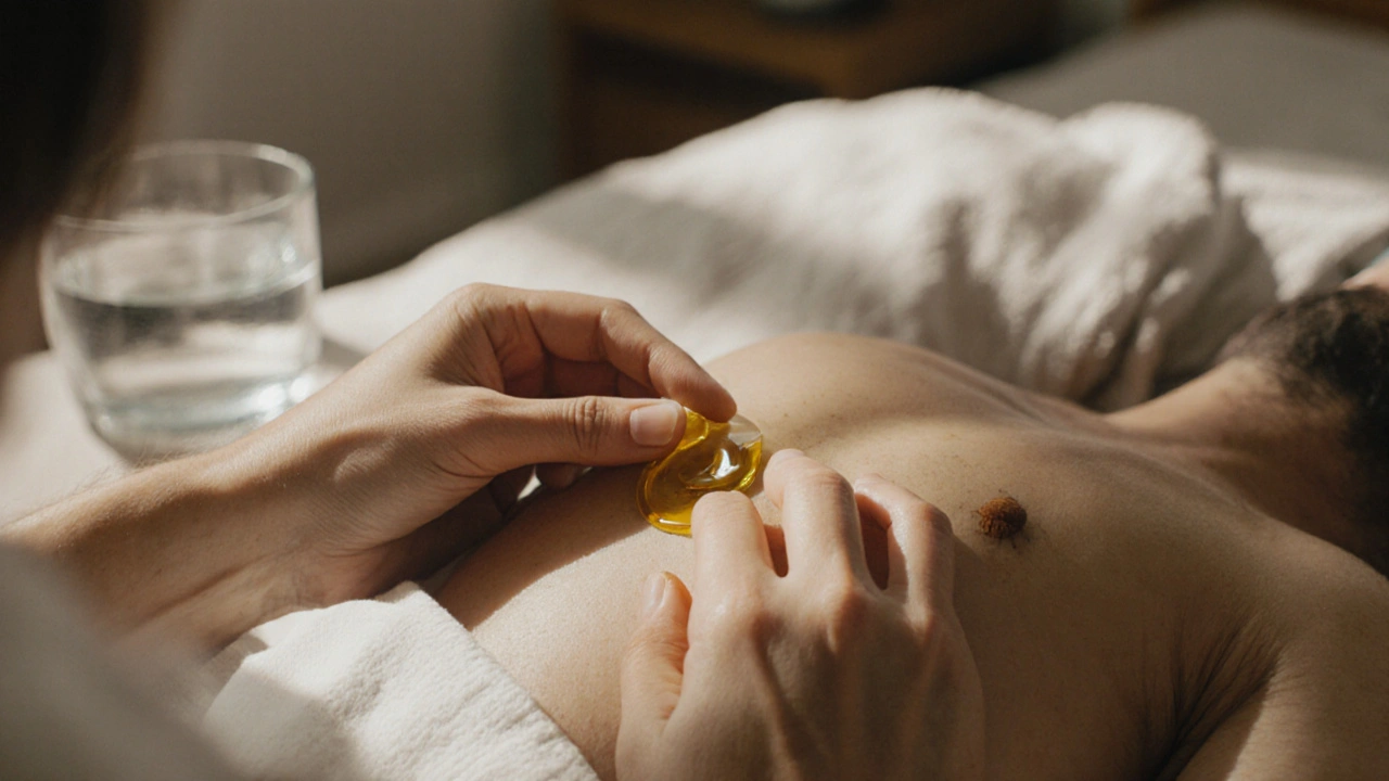 Ruce jemně masírují základ penisu pomocí přírodního oleje v klidné domácí atmosféře.