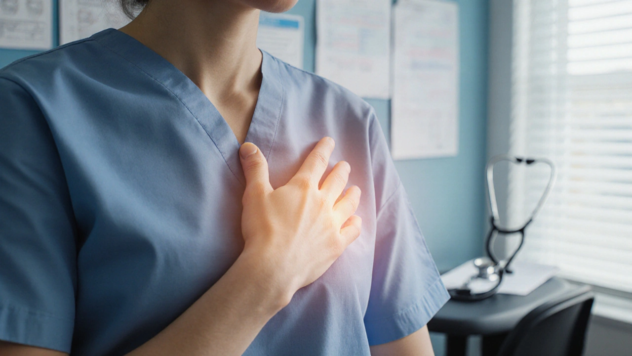 Ruka pacienta na prsou, symbolizující klid a bezpečný dotek při onkologické léčbě.