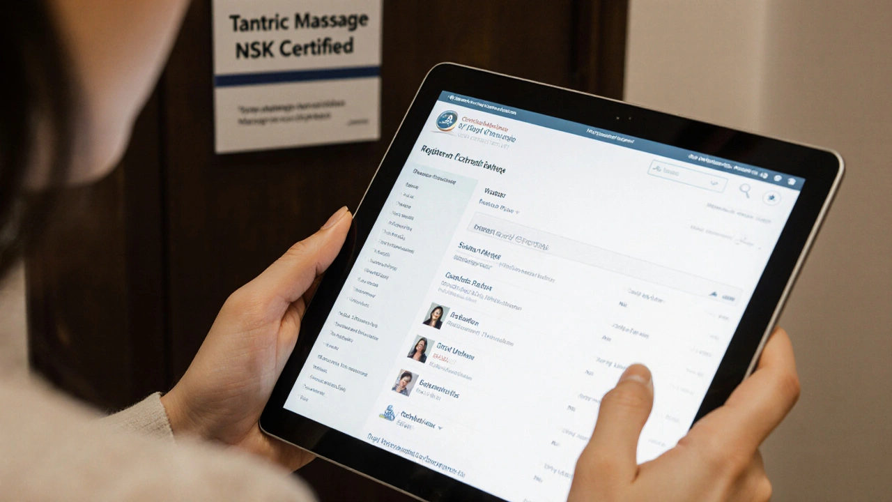 Žena ověřuje registraci maséra na webové stránce České asociace tělesných terapeutů.