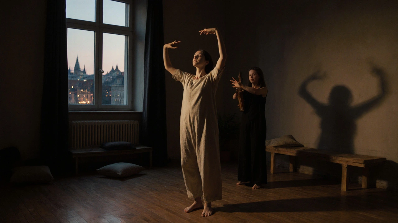 Žena stojí v klidné místnosti s masérkou, která jemně opakuje její pohyby v tichém, přírodním světle.