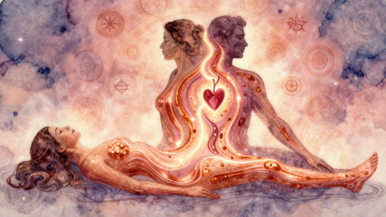 Abstraktní znázornění proudu energetických toků od pánve k hlavě a prstům lidského těla.