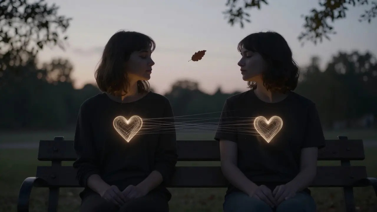 Dva lidé sedí vedle sebe v soumraku, propojeni jemnými světelnými vlákny srdcí.