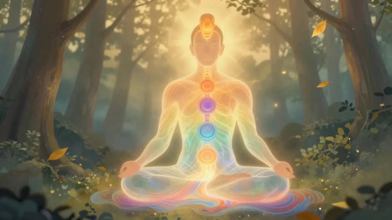 Energetické centra těla se světelně propojují od kříže k hlavě v klidné přírodě.