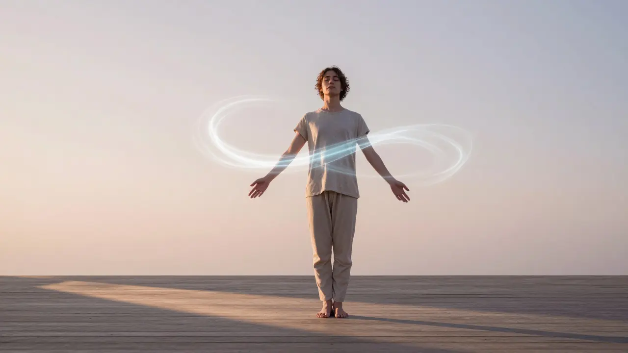 Jedna osoba stojí v ranním světle, kolem ní proudí jemné světelné proužky jako symbol transformace.