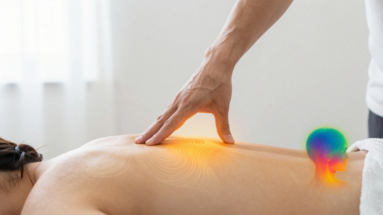 Ruky maséře nad zády klienta, kde se viditelně šíří tepelné vlny představující tok energie.