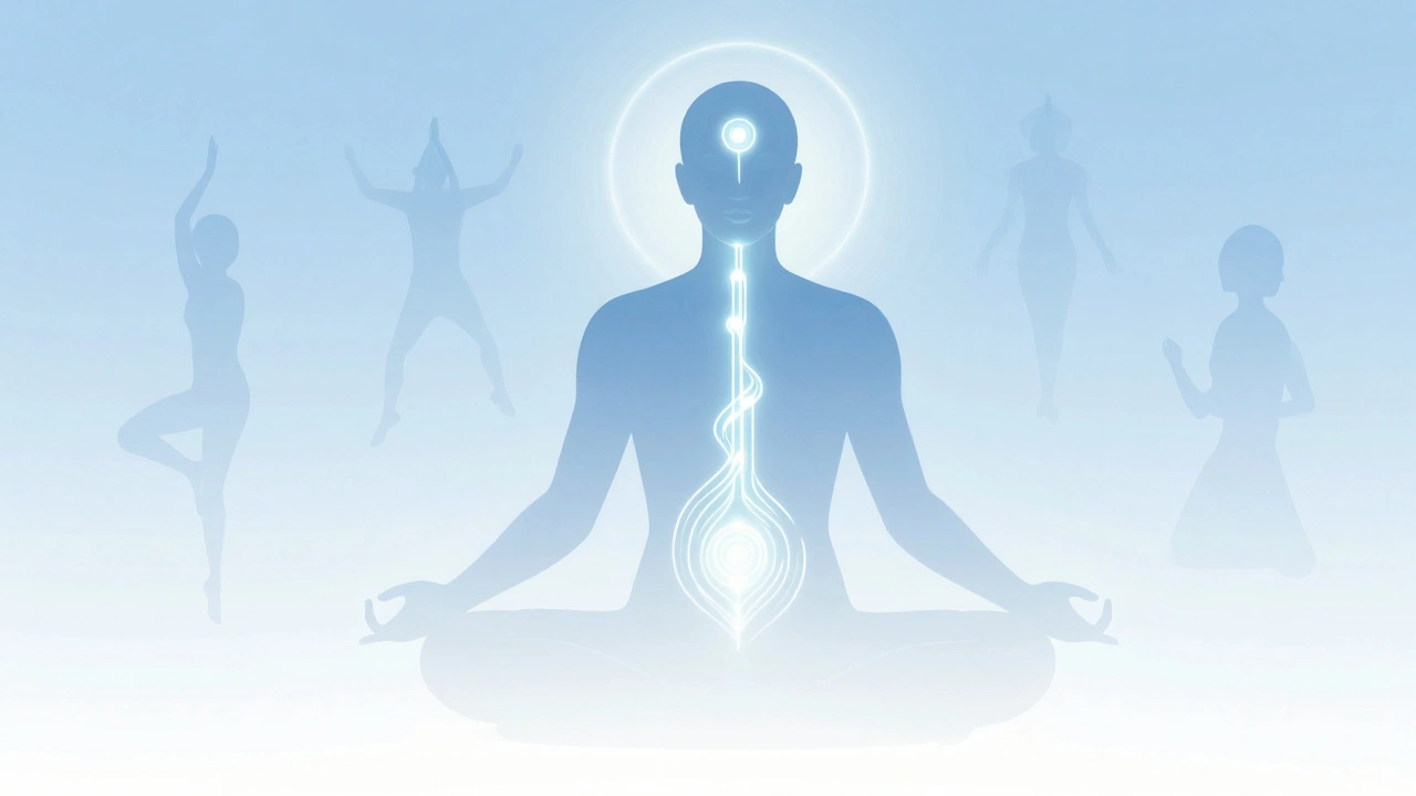 Symbolický obraz lidského těla s proudem energie, který obíhá od pánve po hlavu a zpět, jako nekonečný kruh.