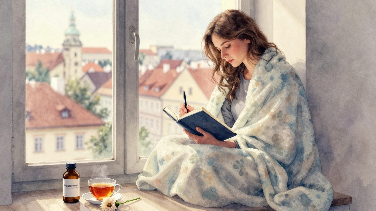 Žena sedí u okna s deníkem, ráno, symbol obnovy po terapii.
