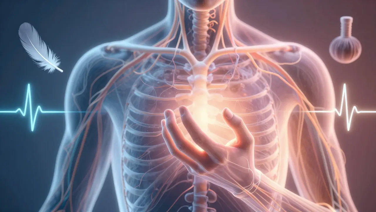 Abstraktní znázornění nervové soustavy: jedna strana napjatá a tmavá, druhá uvolněná a zářivá, symbolizující přechod ze stresu do klidu.