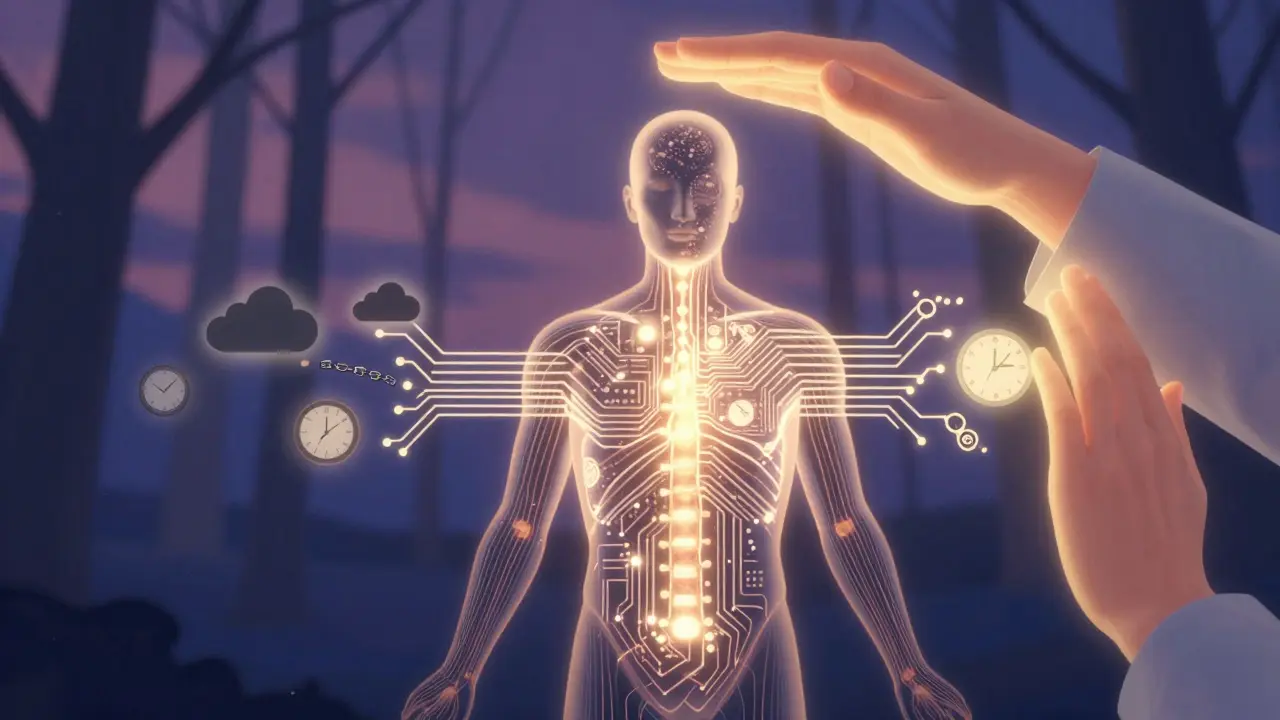 Abstraktní znázornění těla jako svítícího obvodu, kde stres mizí ve světle.