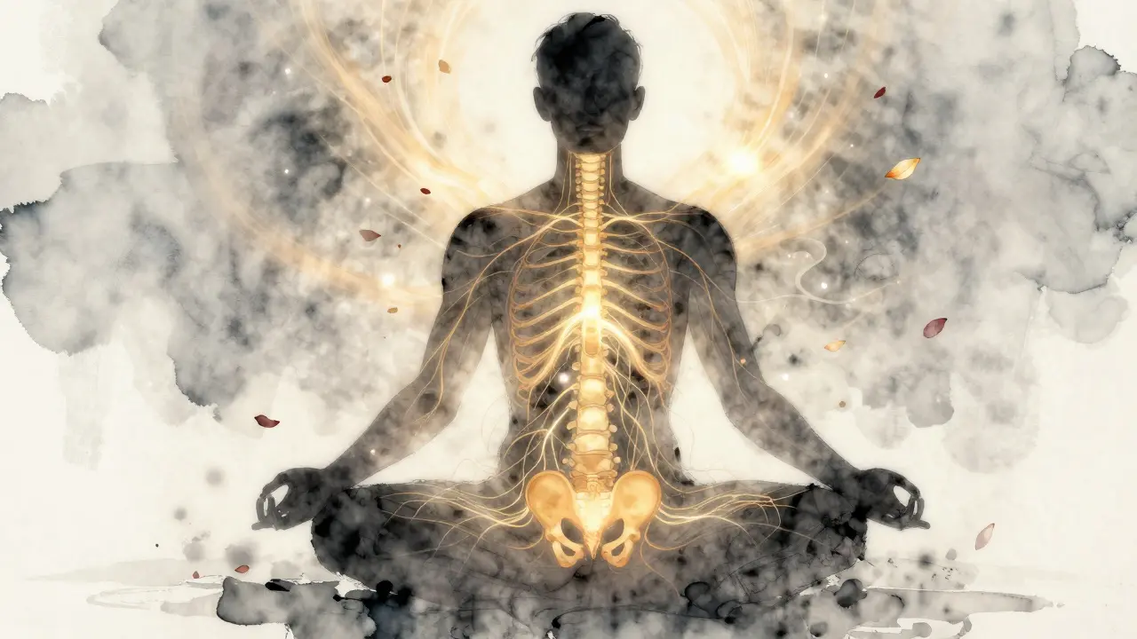 Abstraktní znázornění zlatých nervových cest, které se znovu probouzejí v pánvi, spojující páteř s genitáliemi.