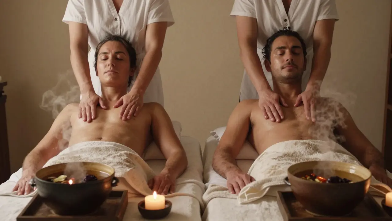 Dva lidé spolu v klidné místnosti, každý dostává masáž, ale nejsou ve styku.