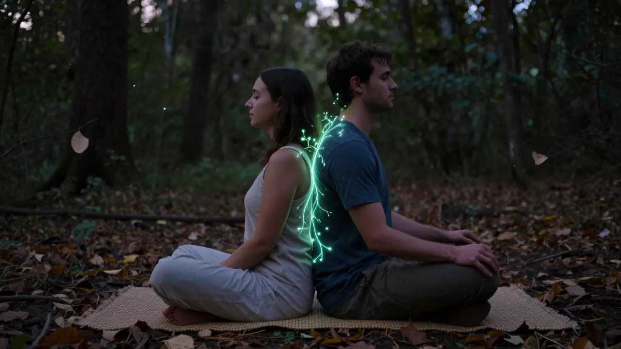 Dvojice sedí zády k sobě, spojení energie mezi nimi jako světelné vazy.