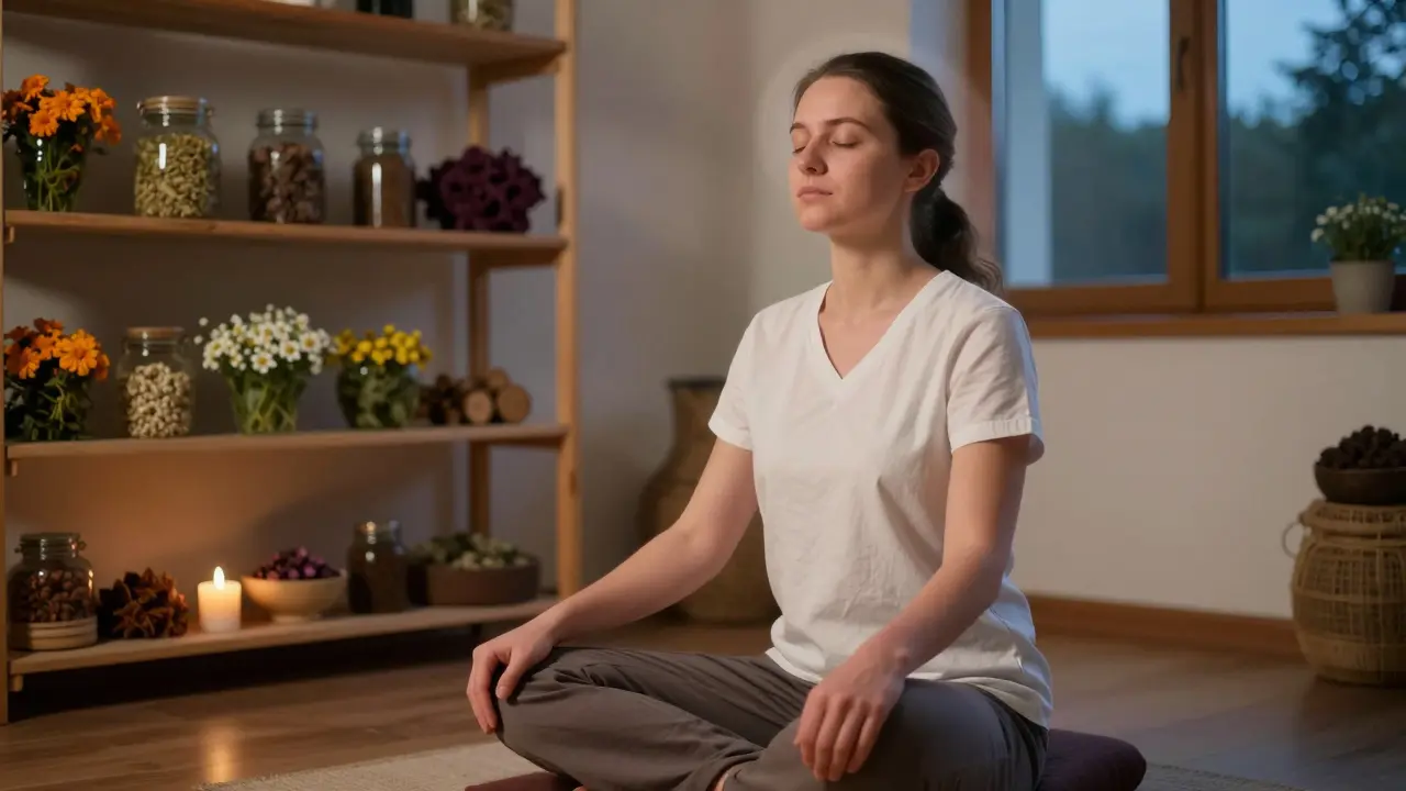 Masér dělá dechové cvičení v klidném prostředí s bylinami a svíčkou.