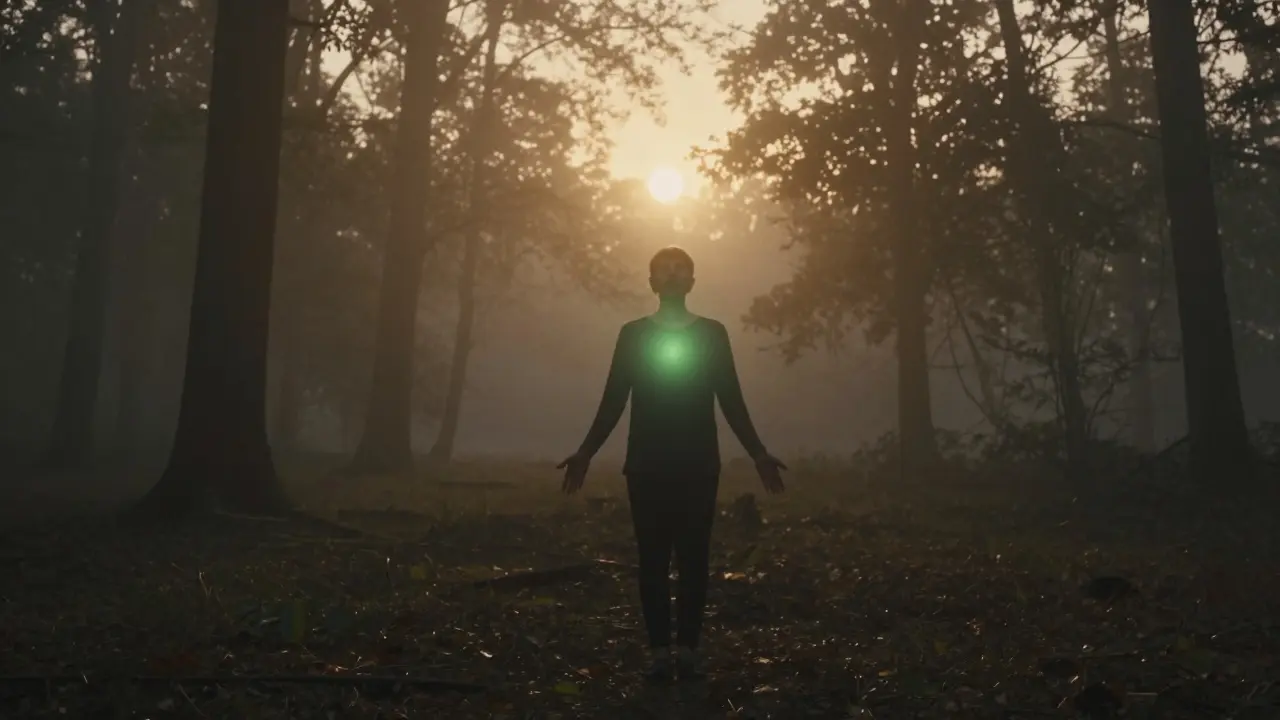 Osoba ve včerejším lese s jemným zeleným zářením kolem hrudníku, slunce vychází za ní.