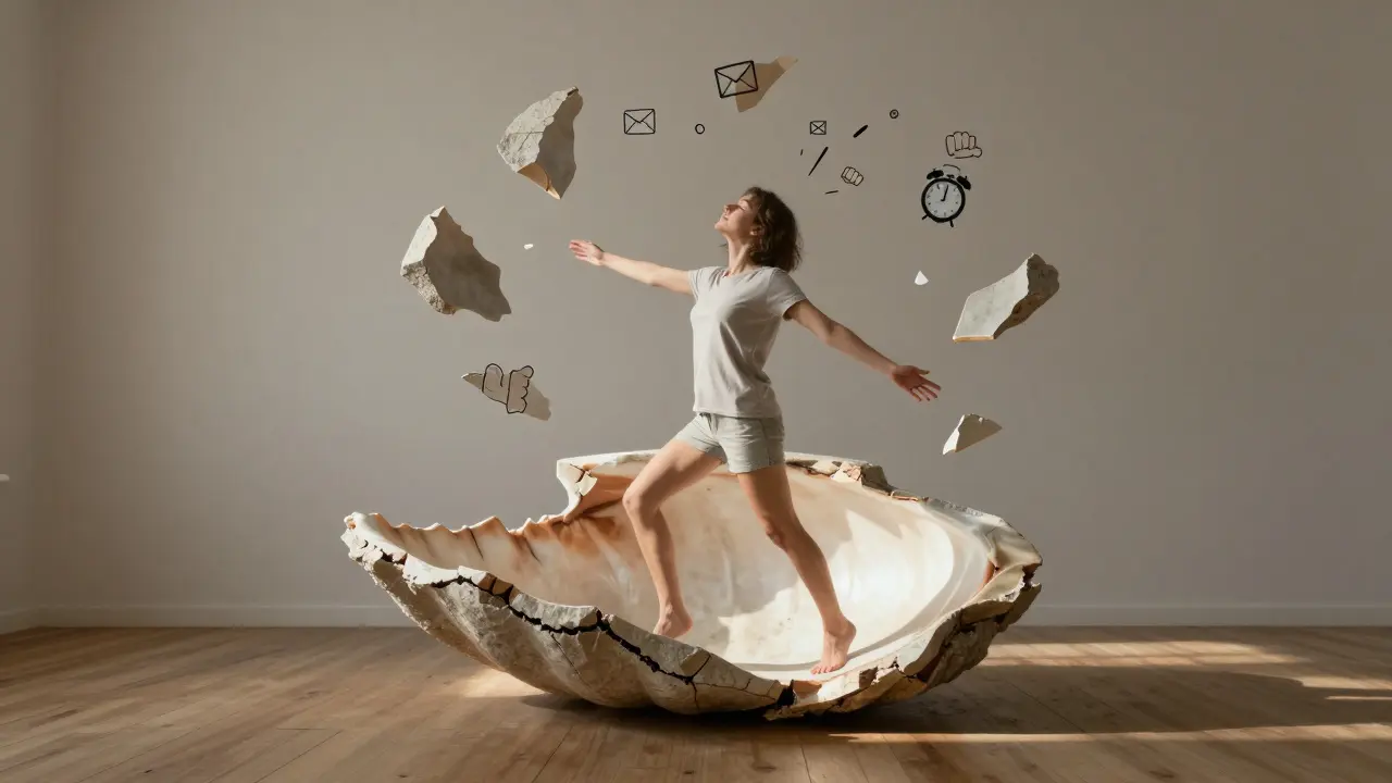 Osoba vystupující z prasklého kamenného obalu do světla, symbolizující uvolnění stresu.