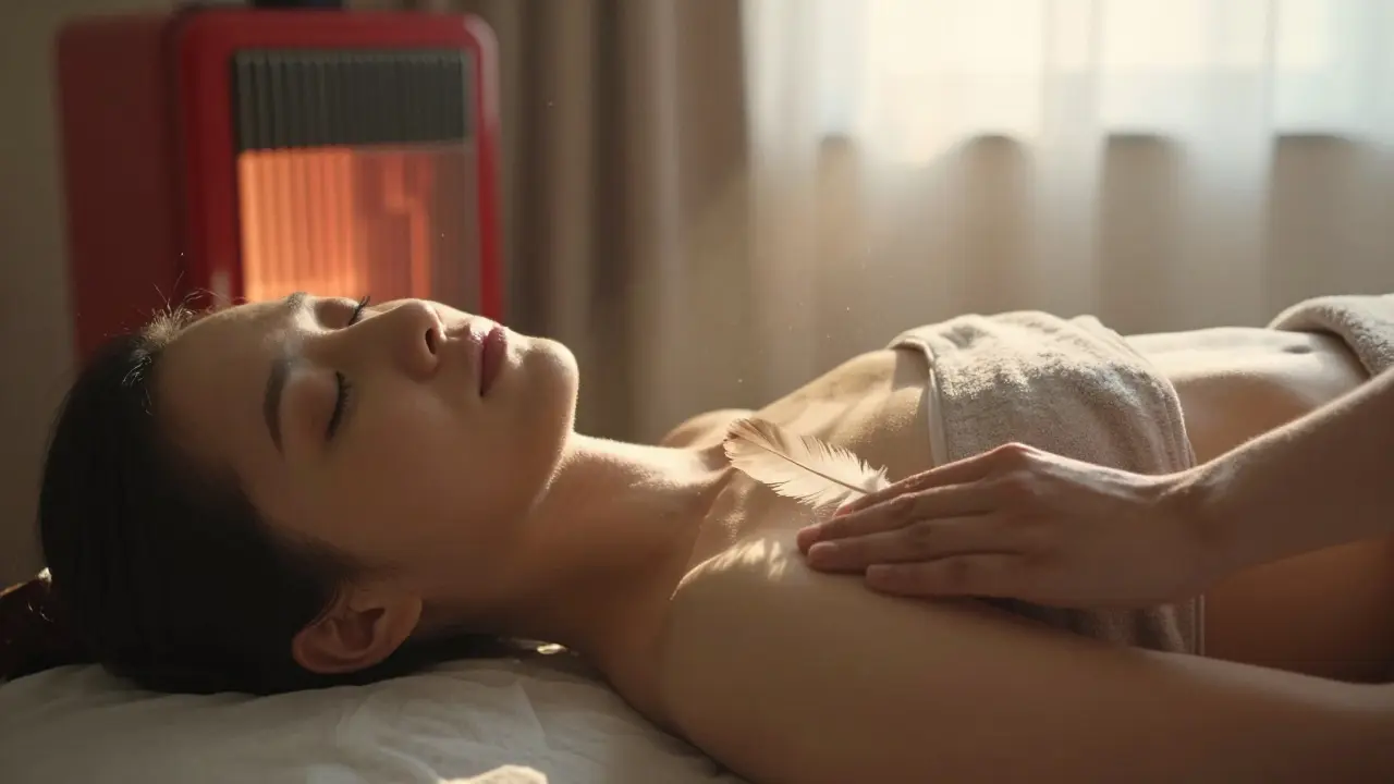 Pacient klidně leží s očima zavřenými, jemné peří se dotýká jeho paže, zatímco teplo z termoforu pomalu uvolňuje napětí.