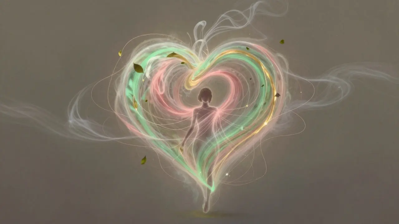 Představa otevřené srdeční čakry jako průhledného víru zelené a růžové energie ve vzduchu.