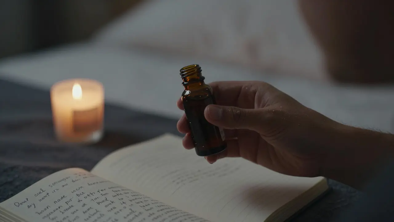 Ruka drží láhev kokosového oleje s kapičkami na prstech, svíčka a sešit na pozadí v tichém pokoji.