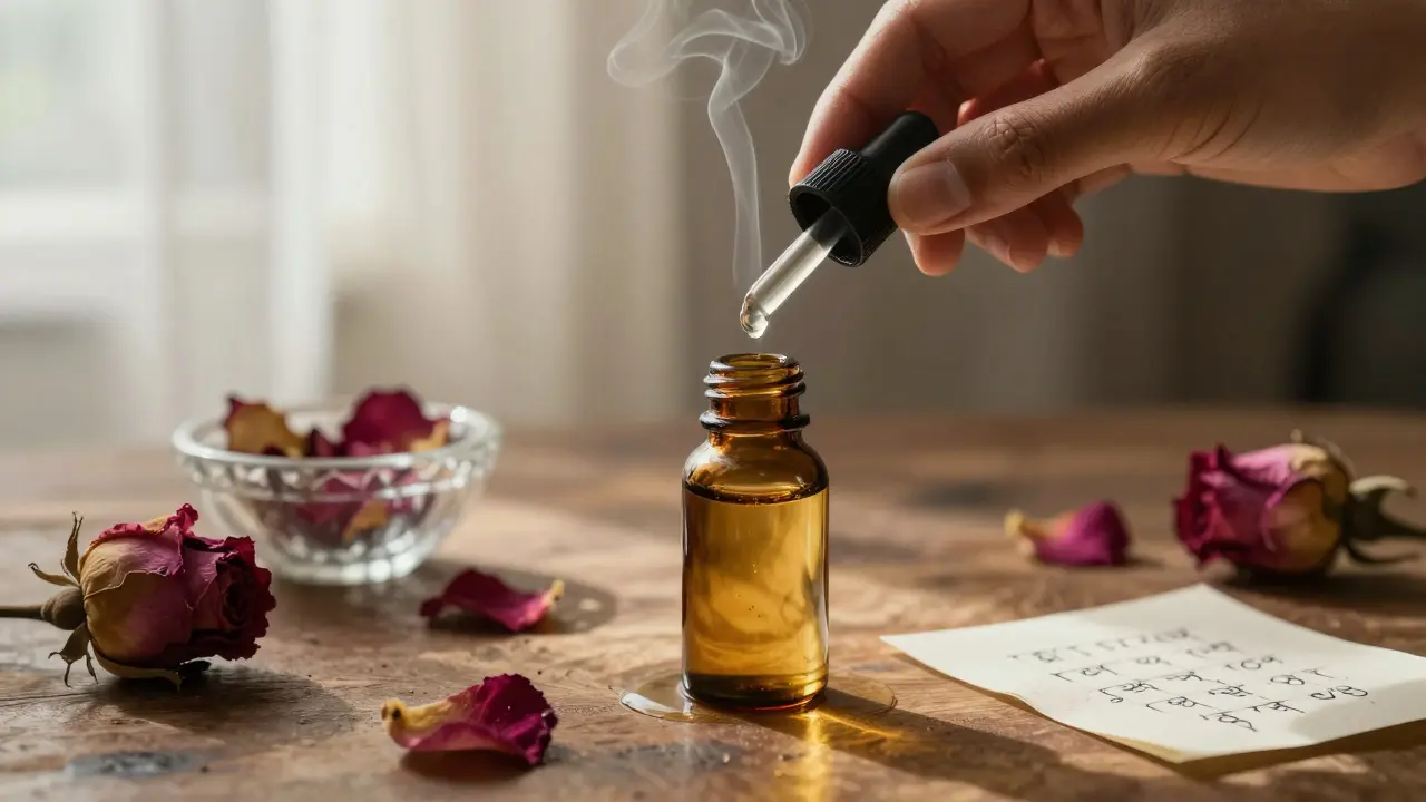 Ruka nalévá zlatý olej s růží a sandalwoodem, vůně se vznáší ve vzduchu.