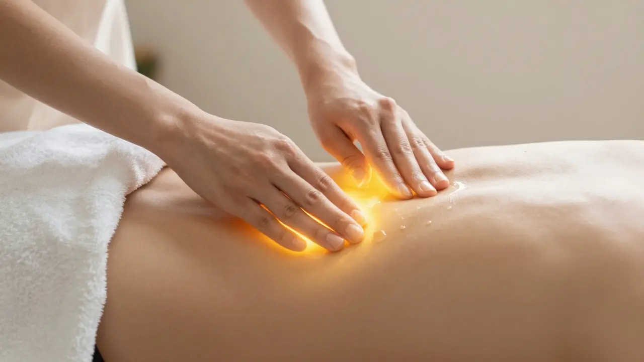 Masáž spodní části břicha s teplým olejem, zlaté světlo kolem čakry.
