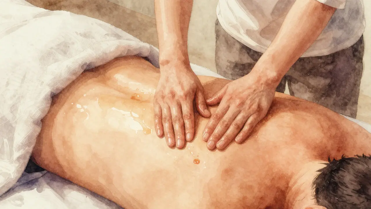 Masér aplikuje teplý olej během tantrické masáže