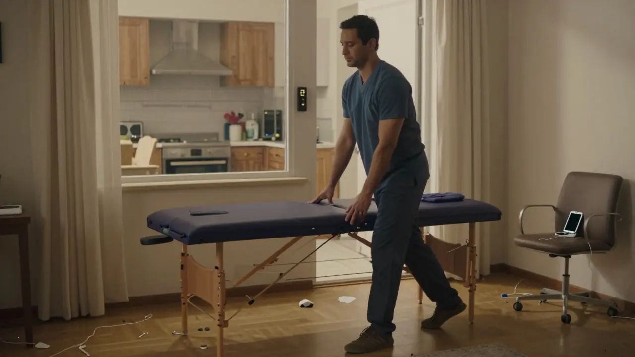 Mobilní masér připravuje přenosný stůl v bytě, kde jsou vidět rušné detaily jako televize a zvonění na dveřích.