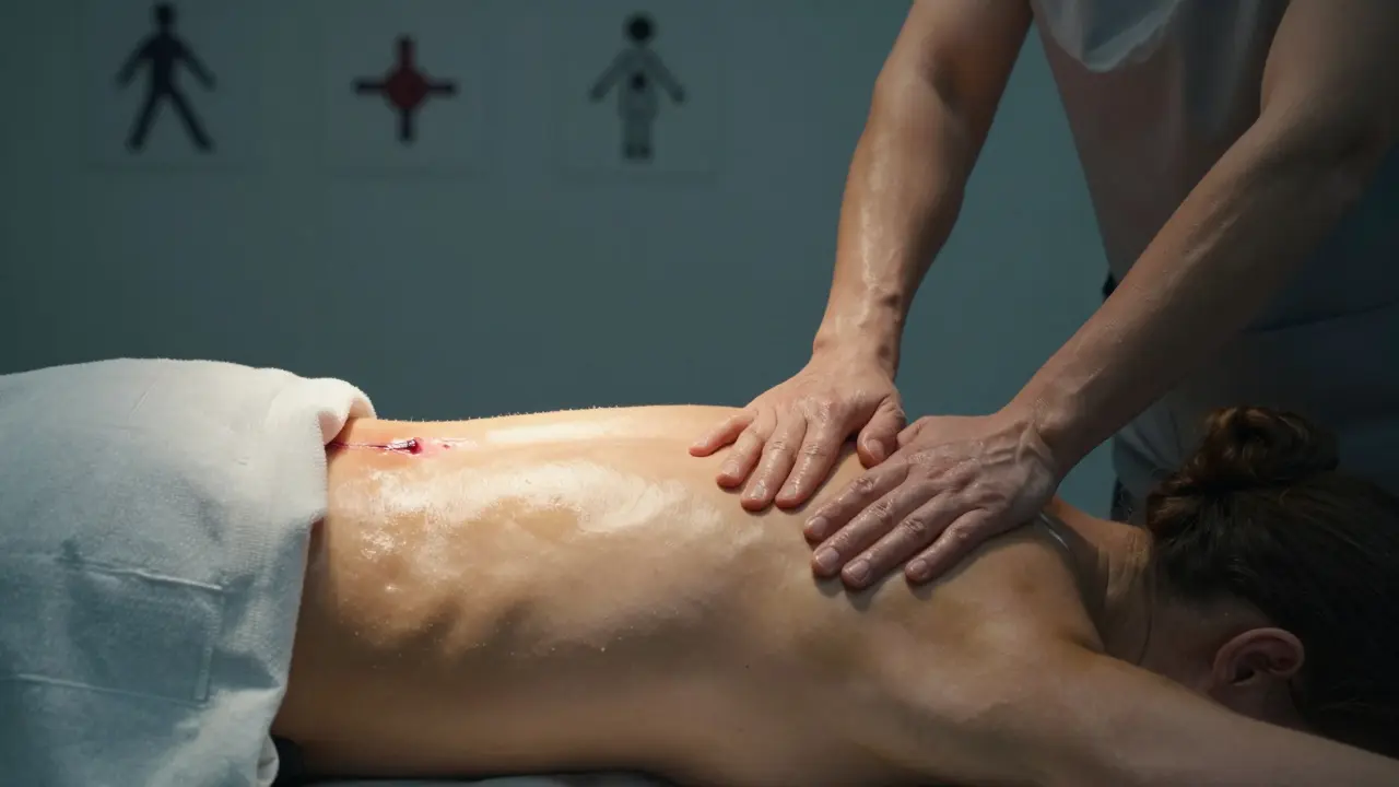 Rozdělený obrázek: zánět jizvy vlevo a jemná masáž zády vpravo, bez dotyku na operovanou oblast.