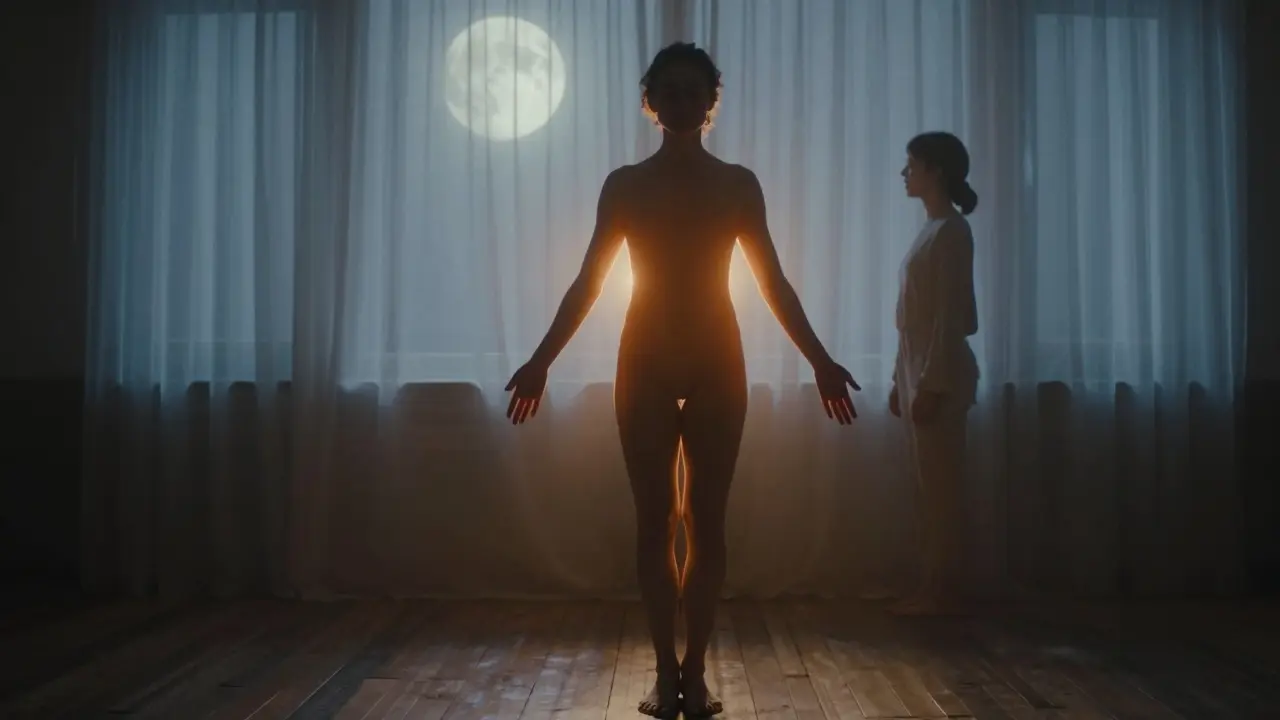 Silueta osoby září jemným světlem, symbolizující znovuzrození tělesné přítomnosti.